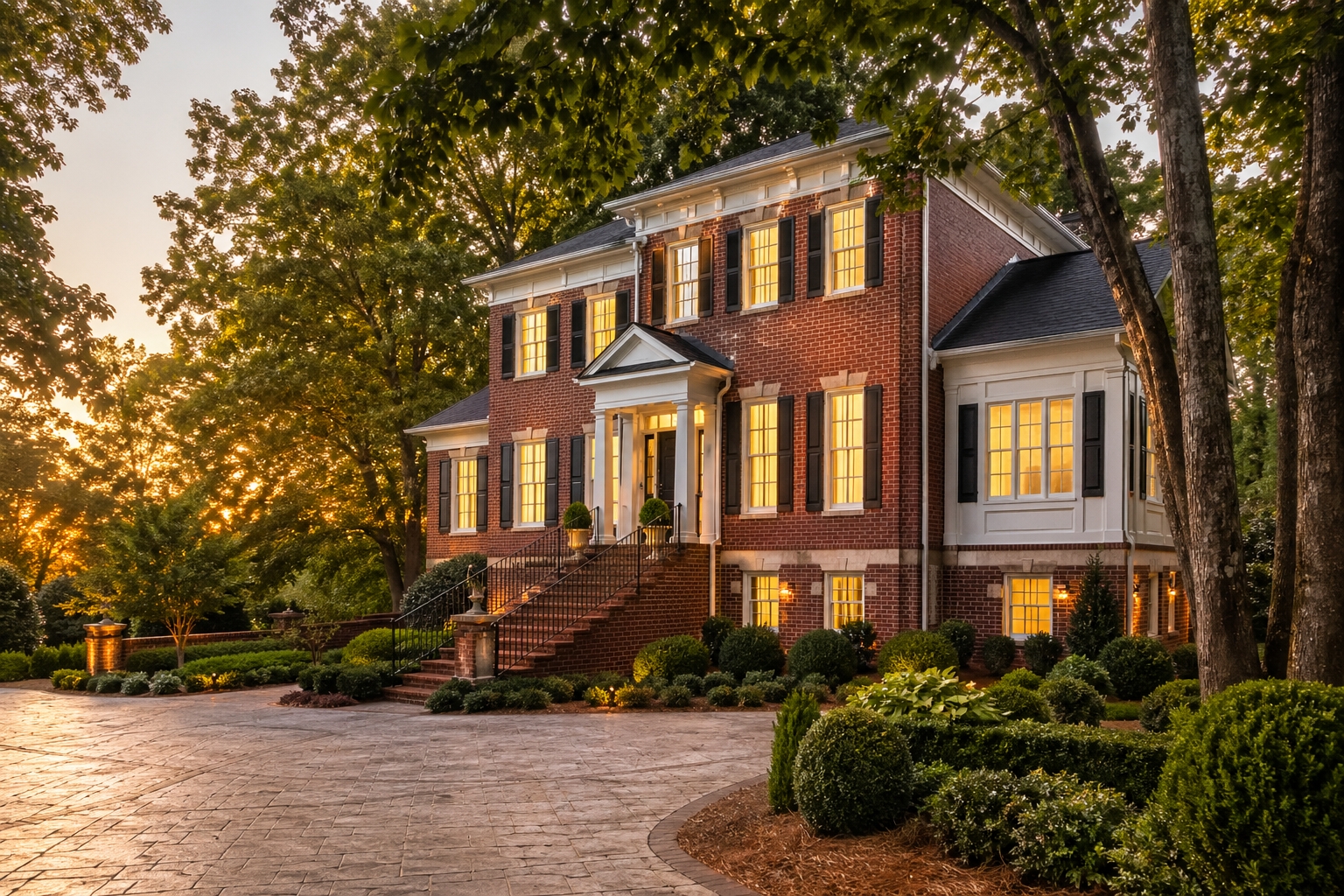 East Cobb GA brick-and-shutter colonial home exterior at twilight with paver driveway