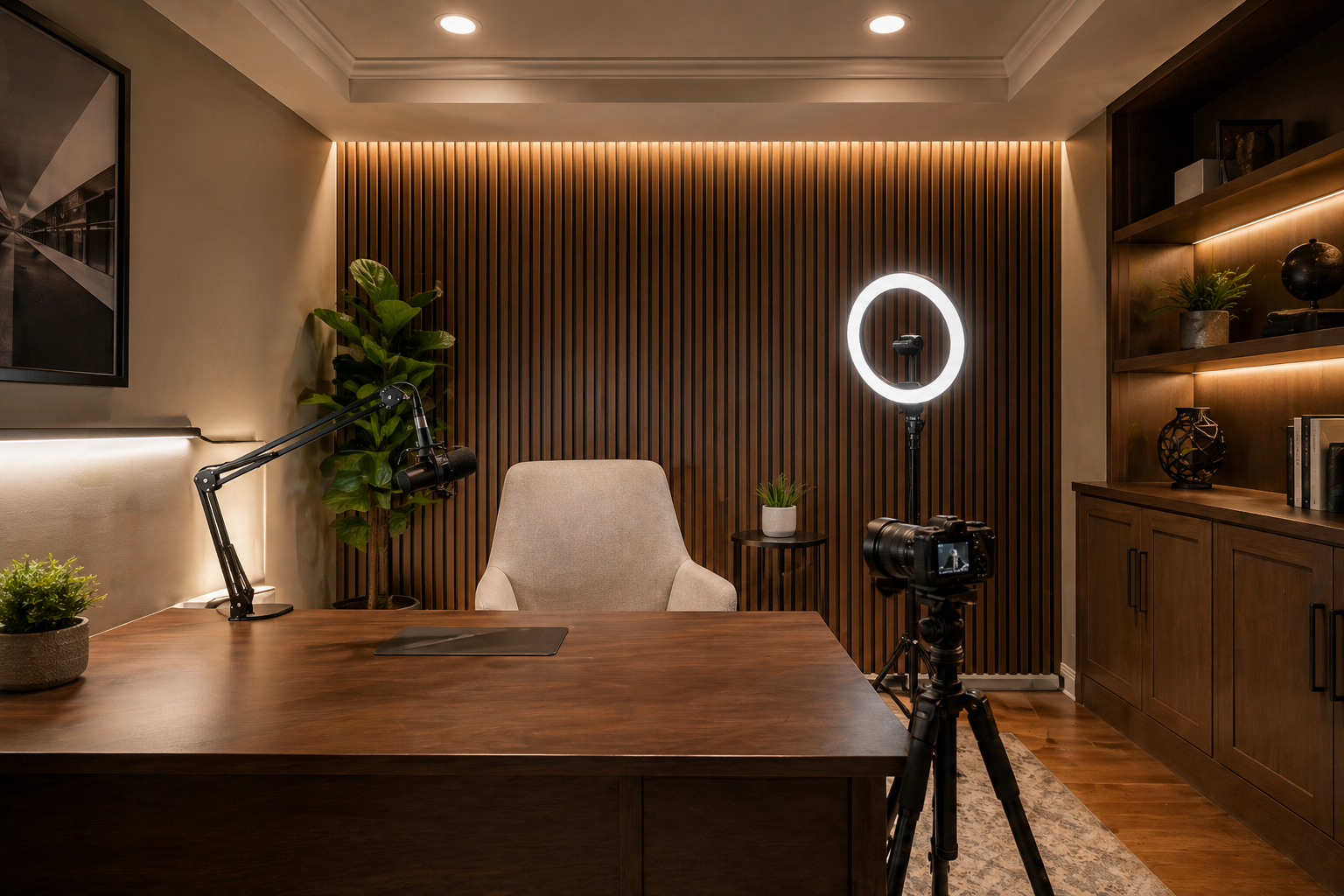 Atlanta basement home office and podcast studio with wood-slat accent wall, ring light, and camera tripod setup