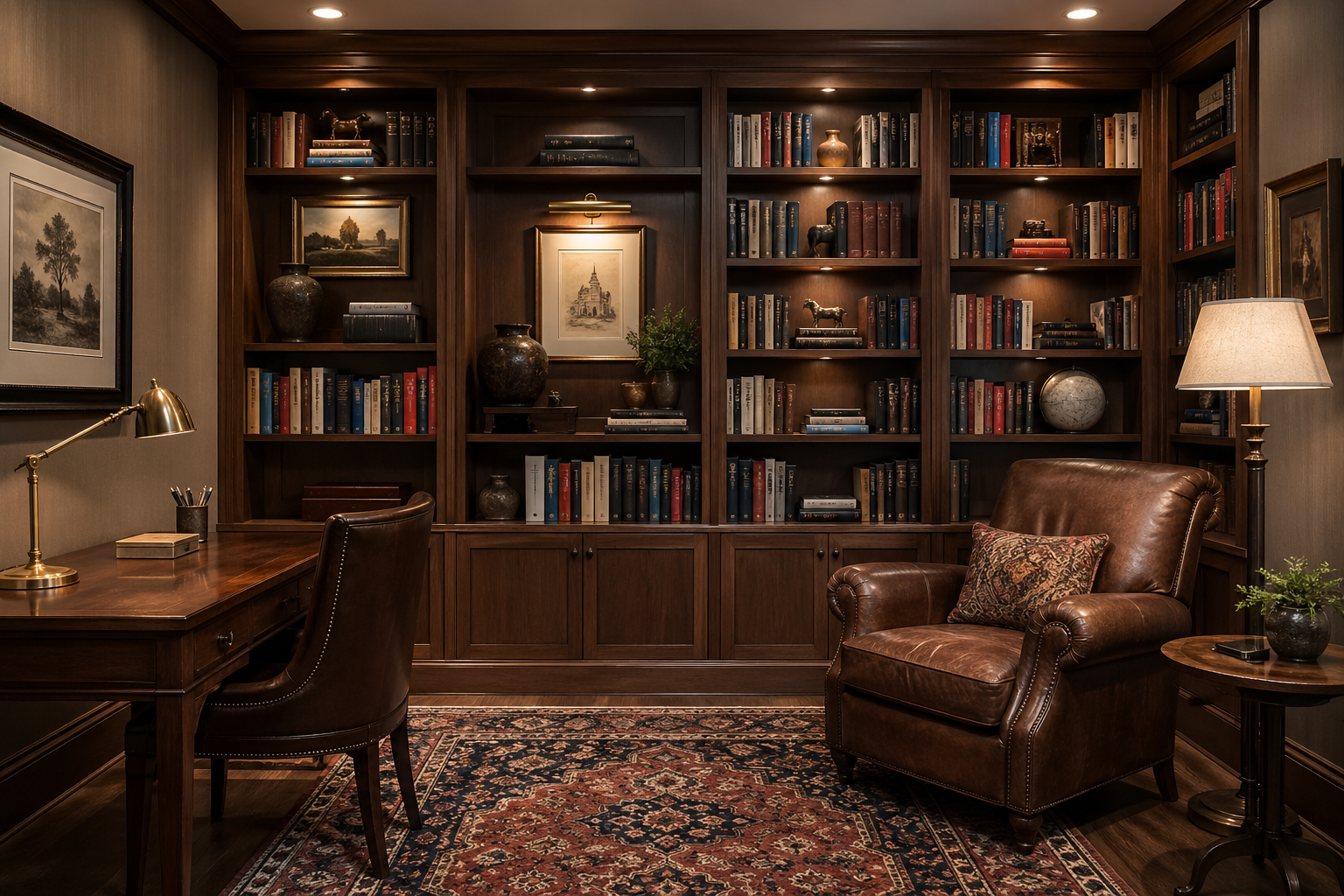 Atlanta basement library with floor-to-ceiling built-in bookshelves, leather wingback chair, and oriental rug