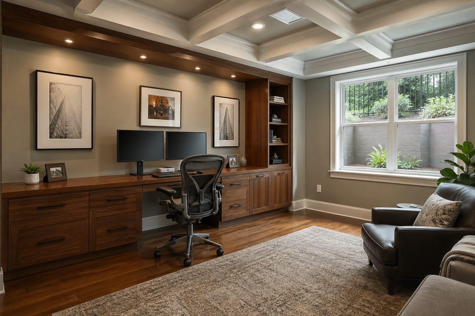 Modern Atlanta basement home office with custom desk, dual monitors, ergonomic chair, and walnut built-ins