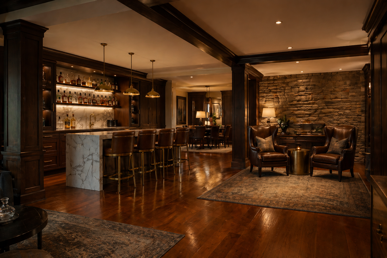 Atlanta basement cigar lounge with custom marble bar, leather counter stools, stone-veneer wall, and intimate seating area