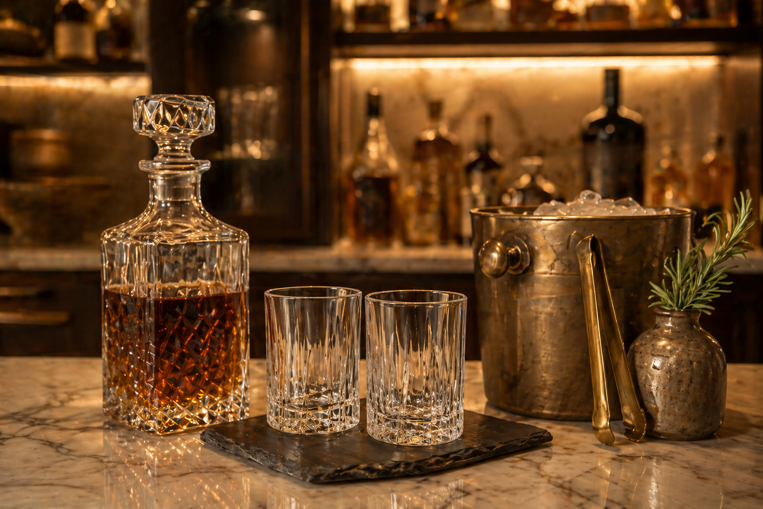 Crystal whiskey decanter and glasses on marble counter in an Atlanta basement cigar lounge with backlit liquor display
