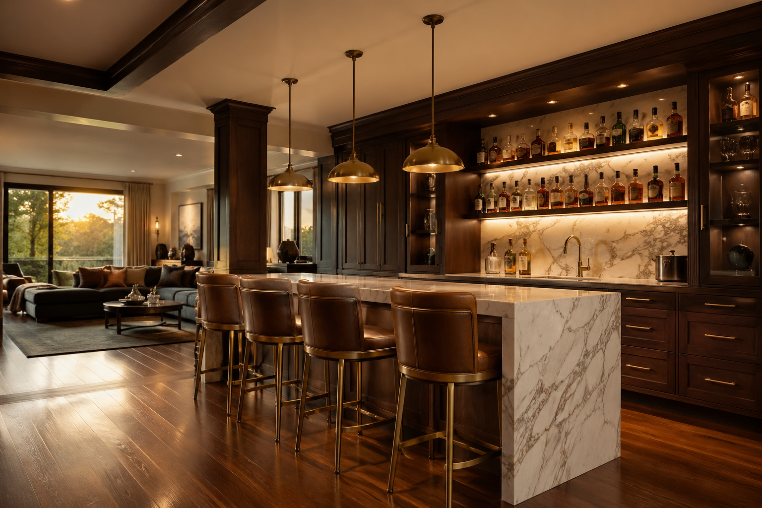 Luxury Atlanta basement bar and lounge with marble waterfall counter, walnut cabinetry, leather barstools, and walkout view